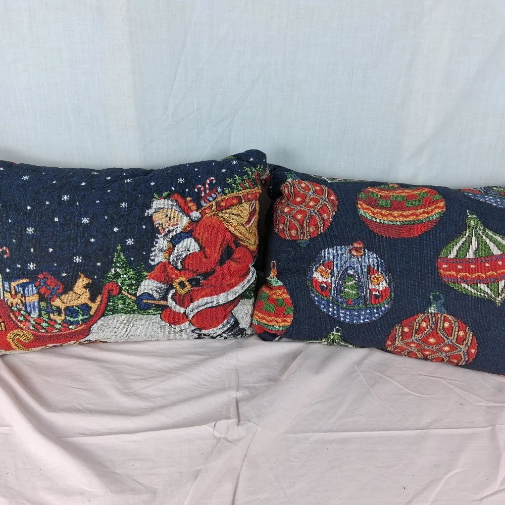 2 Tapestry Christmas Double Sided Reversible Throw Pillows Santa Ornaments Sofa